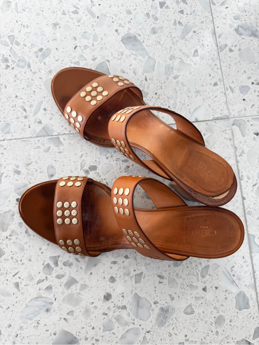Celine Cognac Leather Stud Slide Sandals, size 41